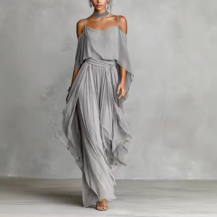 Damen Lange Chiffon Maxi Kleid mit Kaltem Schulter, Spaghetti-Träger und Geschichtetem Cape Drune