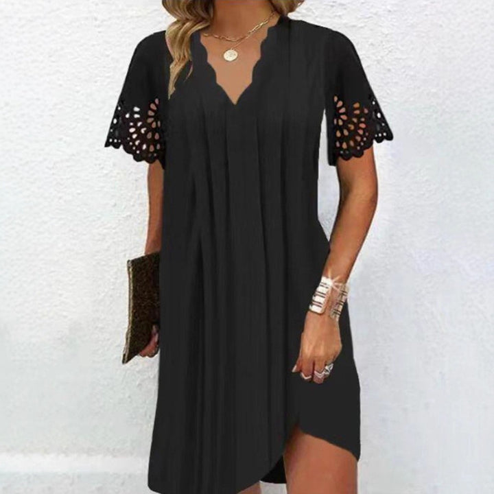 Damen nan Midikleid mit geschwungener V-Ausschnittkante, Lochstickerei-Ärmeln und leichtem A-Linien-Schnitt Drune