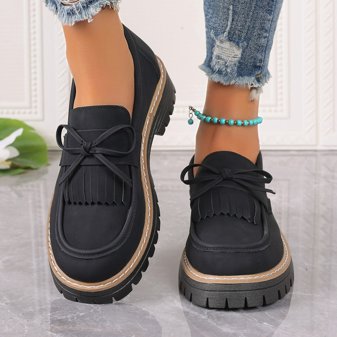 Damen modische Fransen-Loafer mit dekorativer Schleife und grober Profilsohle Drune