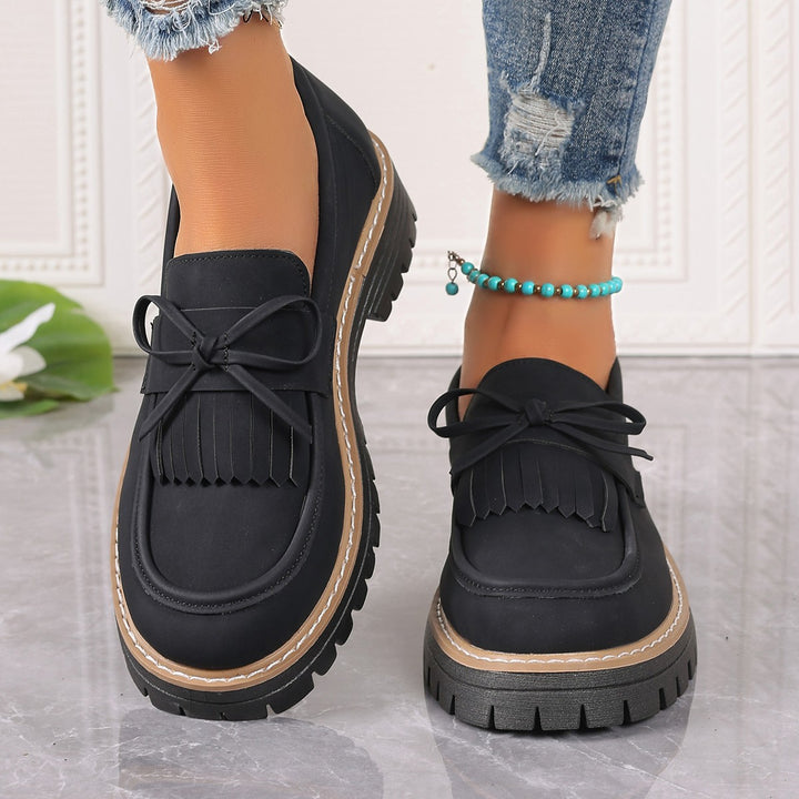 Damen modische Fransen-Loafer mit dekorativer Schleife und grober Profilsohle Drune