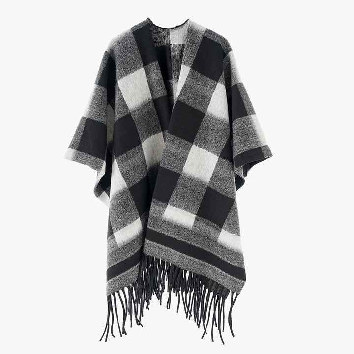 Damen Capeponcho im Plaid-Wickelstil aus Wollmix mit Fransensaum Drune