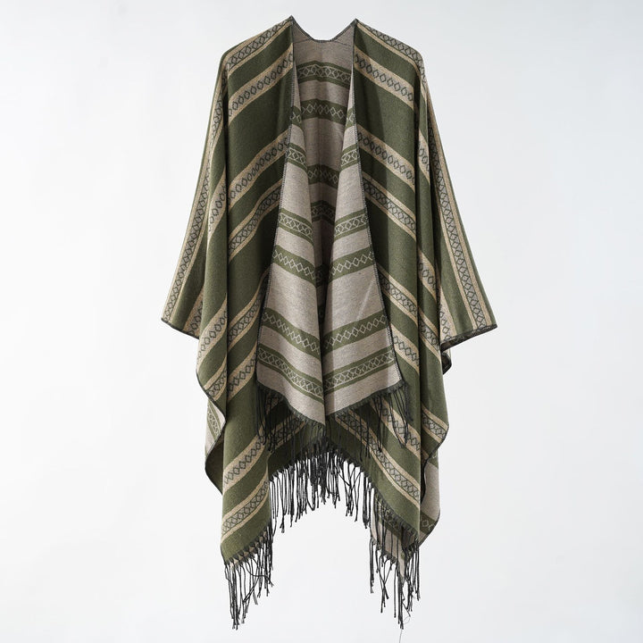 Damen Langer Webponcho im Cape-Stil mit Streifen-Jacquard und Fransen Drune