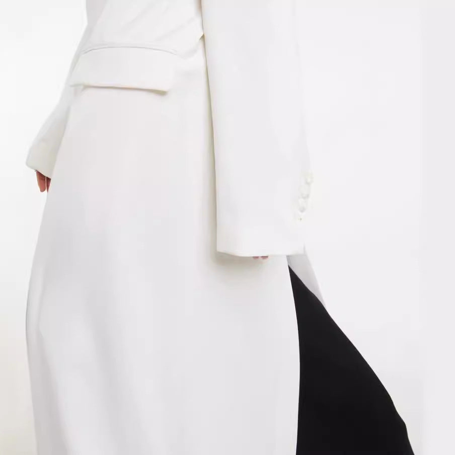 Damen Maxilanger schlanker Mantelblazer mit verdeckter Knopfleiste und schmaler Schulterlinie Drune