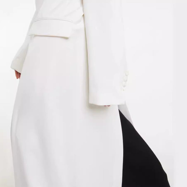 Damen Maxilanger schlanker Mantelblazer mit verdeckter Knopfleiste und schmaler Schulterlinie Drune