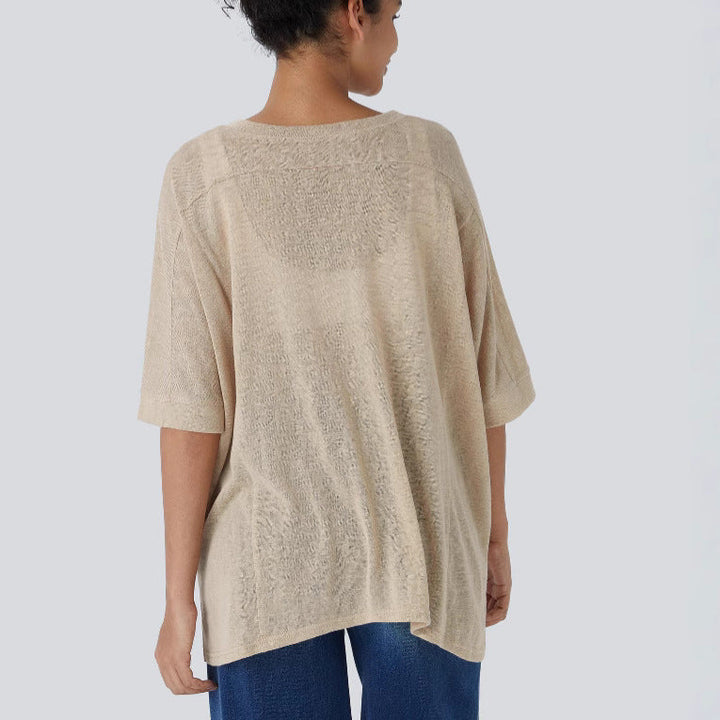 Damen lässiges Oversized T-Shirt mit seitlichen Schlitzen und umgeschlagenen Ärmeln Drune
