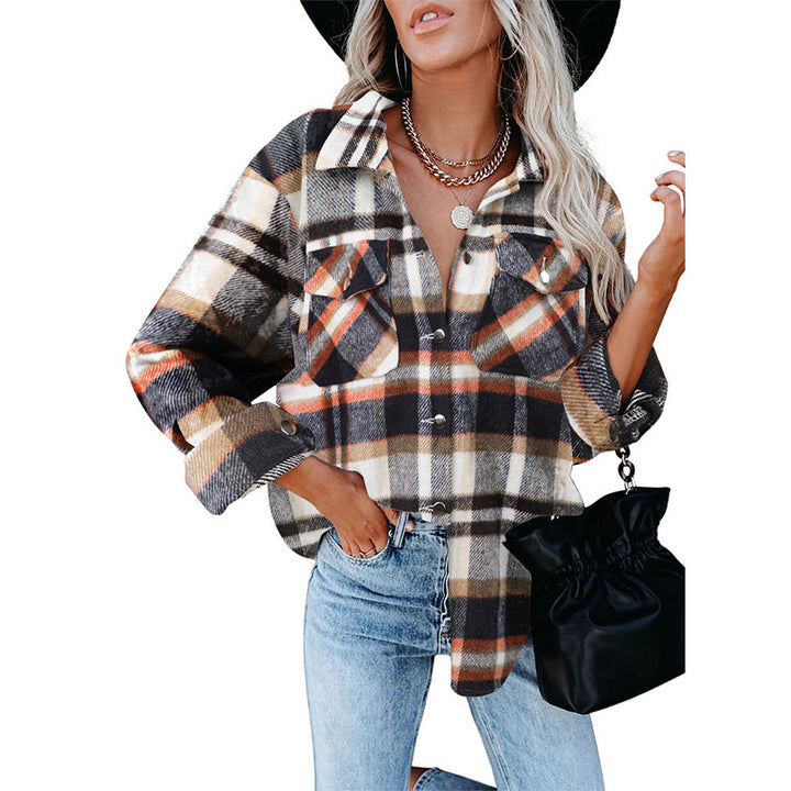 Damen karierte Flanelljacke mit praktischen Taschen und lässigem Schnitt Drune