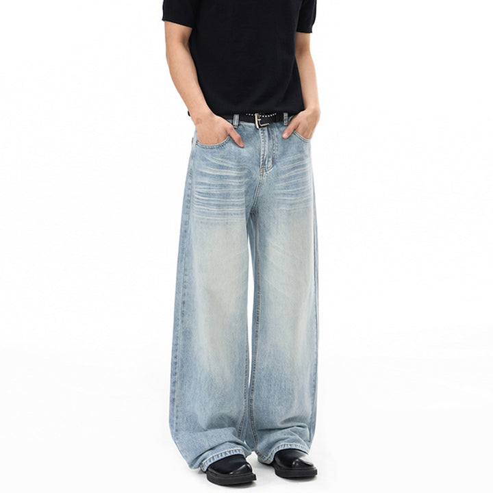 Herren Weitfallende Loose-Palazzo-Denimjeans mit tiefem Schritt und heller Used-Waschung Drune