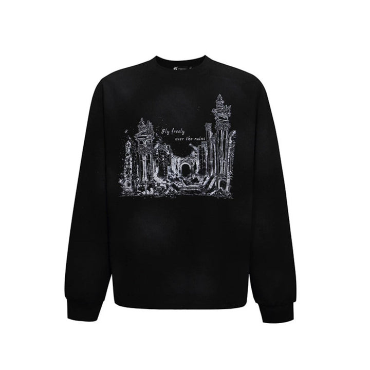 Damen Oversize-Sweatshirt mit Waffelstruktur, Rundhalsausschnitt und Ruinen-Skizzenprint Drune