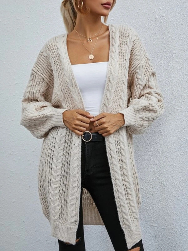 Damen Grobstrick Cardigan mit Kapuze und Zopfdesign Drune