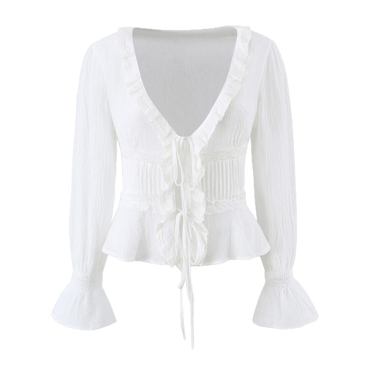 Damen Rüschige V‑Neck‑Bluse mit Taillenraffung und Glockenärmeln Drune
