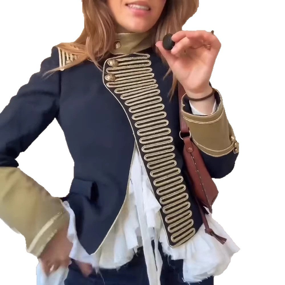 Damen Militärisch inspirierte Kurzjacke mit goldener Gallonborte und Stehkragen Drune