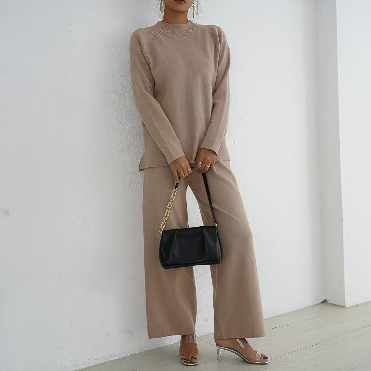 Damen elegantes und lässiges Strick-Loungewear-Set mit hohem Kragen und weiten Beinen Drune