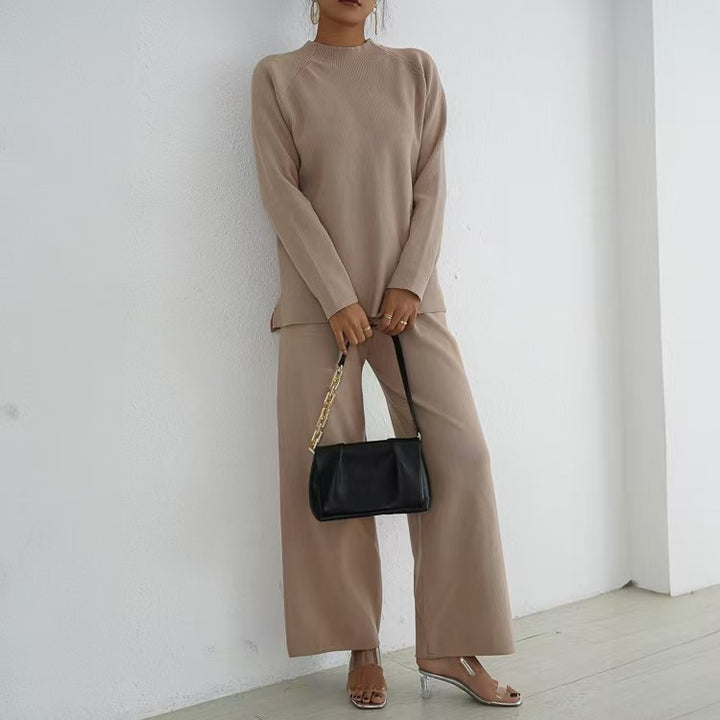 Damen elegantes und lässiges Strick-Loungewear-Set mit hohem Kragen und weiten Beinen Drune