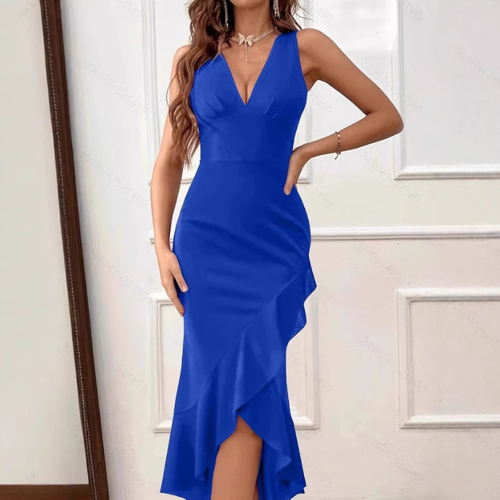 Damen Charmantes Maxikleid mit asymmetrischem Saum und V-Ausschnitt Drune
