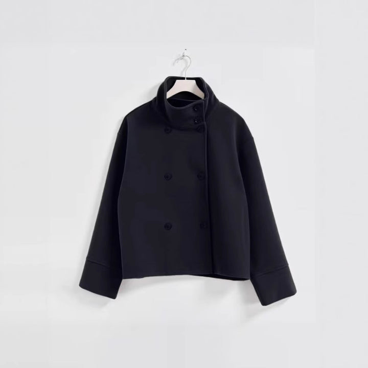Damen Modische Cropped Jacke mit hohem Kragen und doppelter Knopfleiste Drune