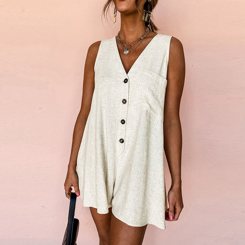 Damen ärmelloser Jumpsuit mit schmeichelndem V-Ausschnitt und praktischen Knopfdetails Drune