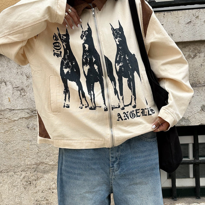 Damen Streetwear-Jacke mit einzigartigem Hunde-Print und lässigen Schnitten Drune