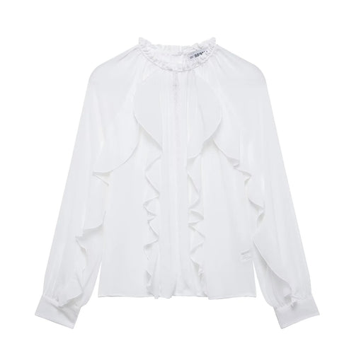 Damen nan romantische Chiffonbluse mit gerafftem Stehkragen, durchgehenden Volants und ballonförmigen Ärmeln Drune