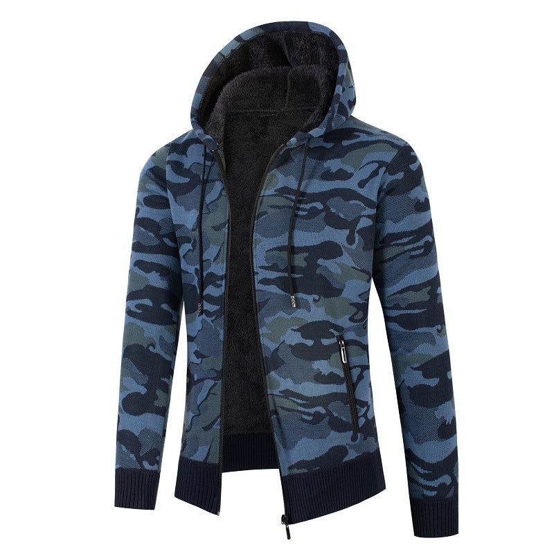 Herren Kapuzen‑Strickjacke mit Teddyfutter, Reißverschluss und Camouflage‑Struktur Drune