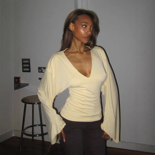 Damen nan tailliertes Langarm-Cropped-Shirt mit V‑Ausschnitt, überschnittener Schulter und soften Jersey-Qualität Drune