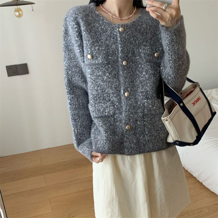 Damen kuschelige Strickjacke mit Perlenknöpfen und praktischen Taschen Drune