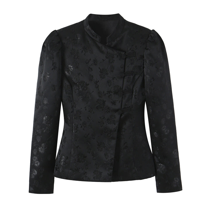 Damen Taillierte Jacquard-Blazerjacke mit Mandarinkragen und Zierknotenverschluss Drune
