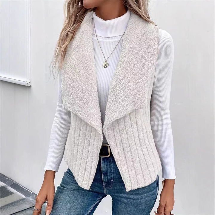 Damen nan kuschelige ärmellose Teddy-Fleece-Weste mit großem Schalkragen und strukturierter Rippenoptik Drune