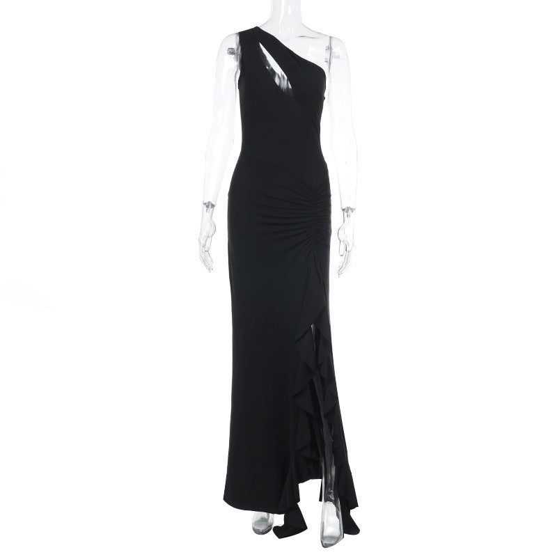 Damen elegantes asymmetrisches Maxikleid mit Rüschendetails Drune