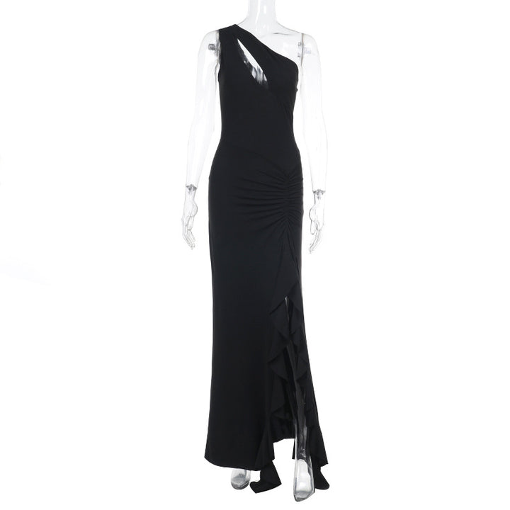 Damen elegantes asymmetrisches Maxikleid mit Rüschendetails Drune