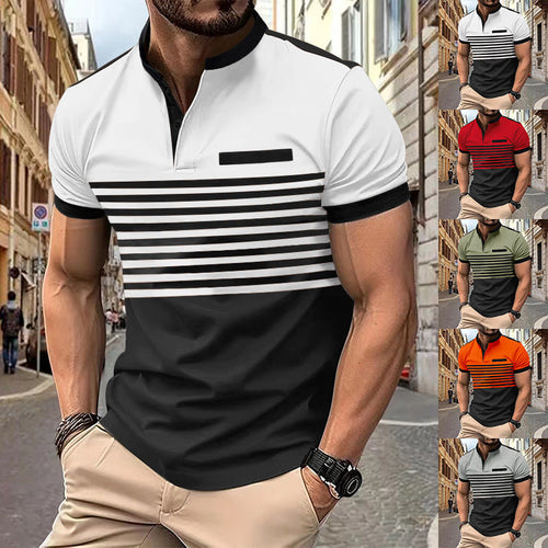 Herren nan kurzärmeliges Streifen-Kurzarmshirt mit Knopfleiste, Stehkragen und Brustpaspel Drune