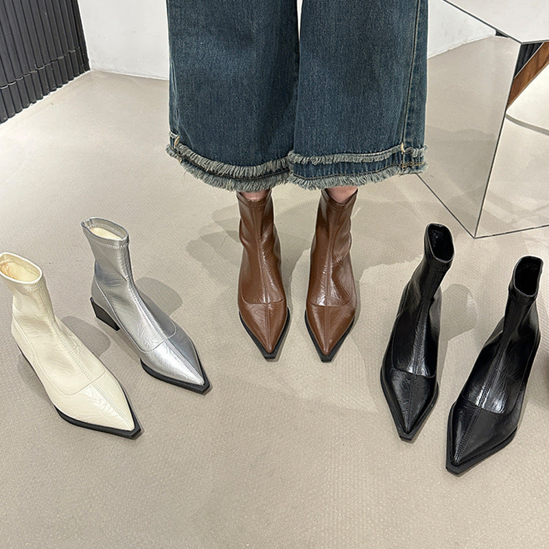 Damen elegante Stiefeletten mit spitzem Zehenbereich und Blockabsatz Drune