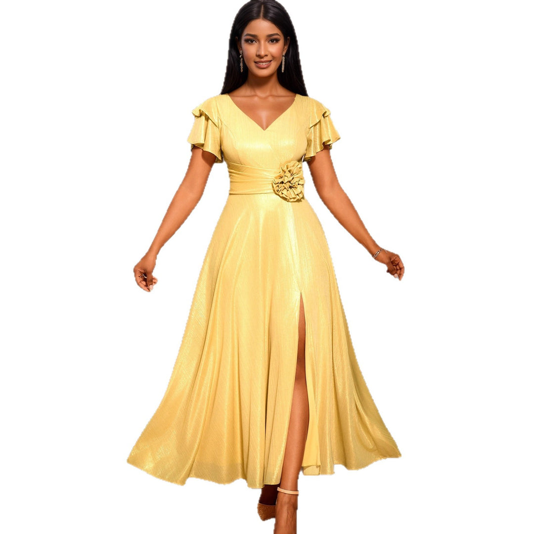 Damen glamouröses Abendkleid mit elegantem V-Ausschnitt und voluminösen Rüschensäumen Drune