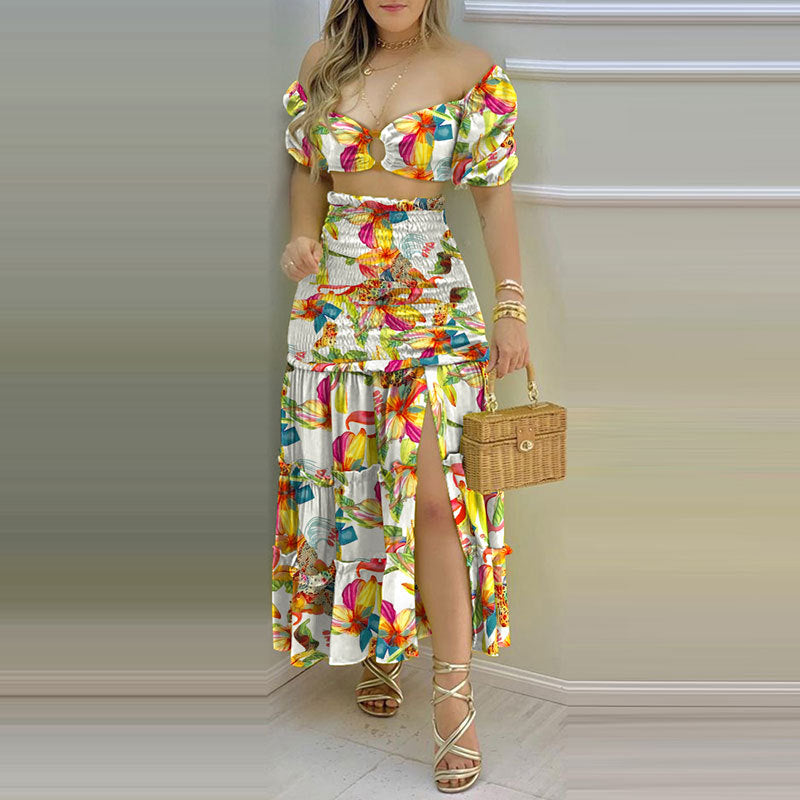 Damen Zweiteiliges Sommerkleid aus gecrashtem Stoff mit Puffärmeln und hohem Schlitz Drune