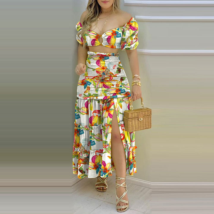 Damen Zweiteiliges Sommerkleid aus gecrashtem Stoff mit Puffärmeln und hohem Schlitz Drune