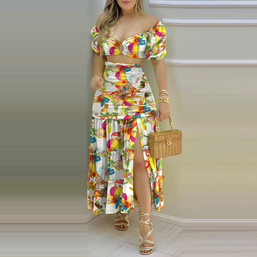 Damen Zweiteiliges Sommerkleid aus gecrashtem Stoff mit Puffärmeln und hohem Schlitz Drune