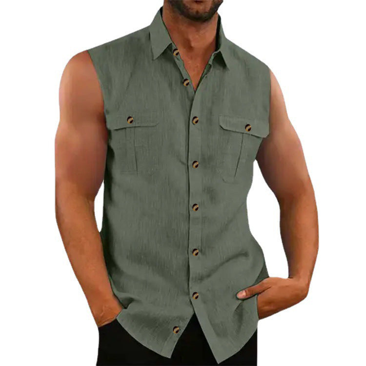 Herren ärmelloses Chambray-Hemd mit Brusttaschen und Knopfdetails Drune