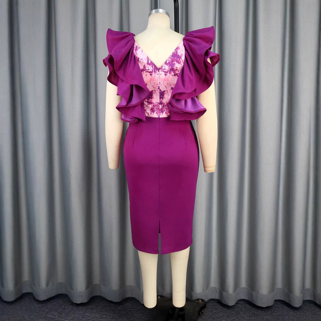 Damen figurbetontes Kleid mit voluminösen Rüschen und floralem Detail Drune