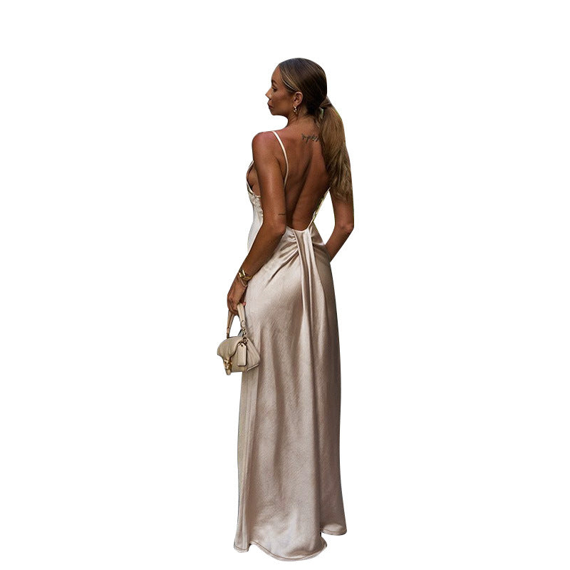 Damen Elegantes Satin-Maxikleid mit hauchdünnen Spaghettiträgern Drune