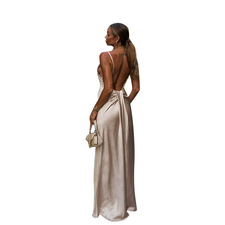 Damen Elegantes Satin-Maxikleid mit hauchdünnen Spaghettiträgern Drune