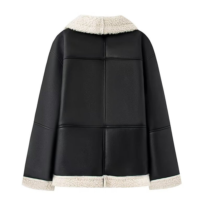 Damen Kunstlederjacke mit warmem Sherpa-Futter und praktischen Taschen Drune
