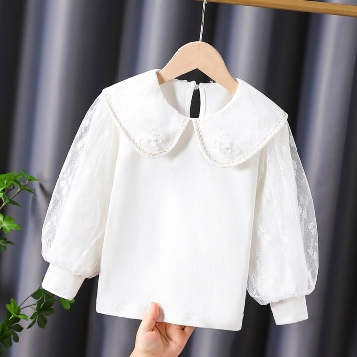 Damen Bluse mit dekorativen Blumenapplikationen und transparenten Puffärmeln Drune