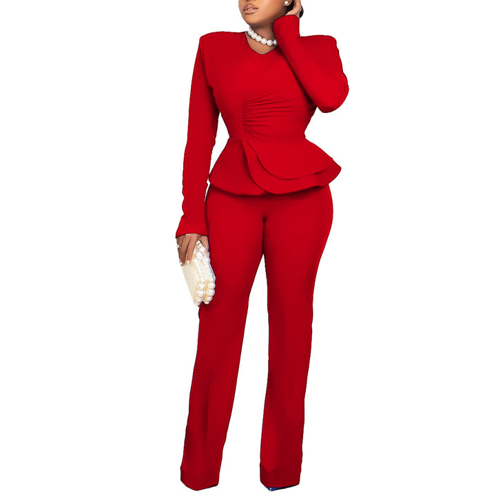 Damen eleganter Jumpsuit mit peplum Schnitt und langen Ärmeln Drune