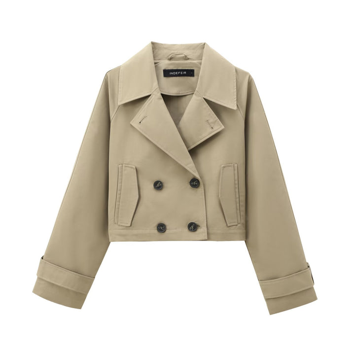 Damen nan kurze zweireihige Cropped Trenchjacke mit breitem Revers und verstellbaren Ärmelschnallen Drune
