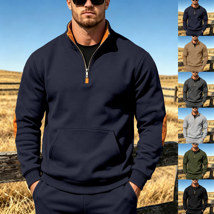 Herren Athletisches Halbzip-Sweatshirt mit Ellenbogenpatches und Kängurutasche Drune