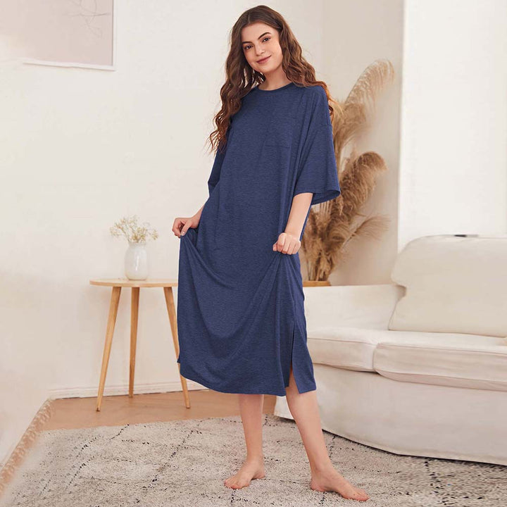 Damen legeres Oversize-Nachthemd mit Brusttasche und seitlichen Schlitzen Drune