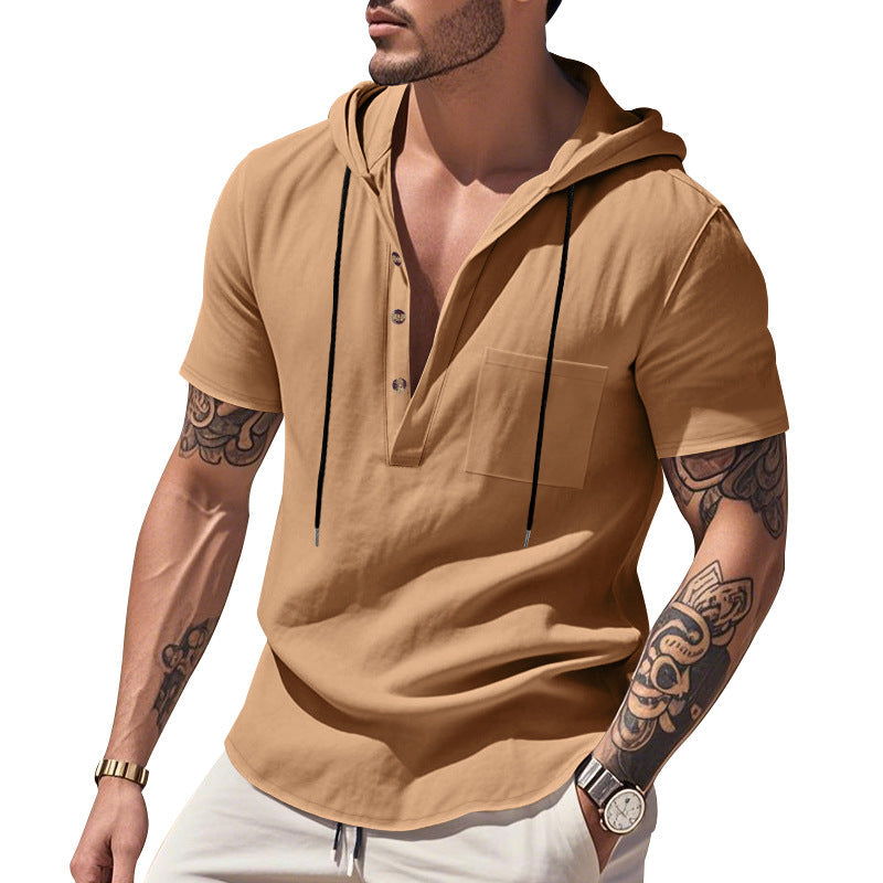 Herren nan legere Kurzarm-Kapuzen-Henley aus Single-Jersey mit Brusttasche und Kontrastkordel Drune