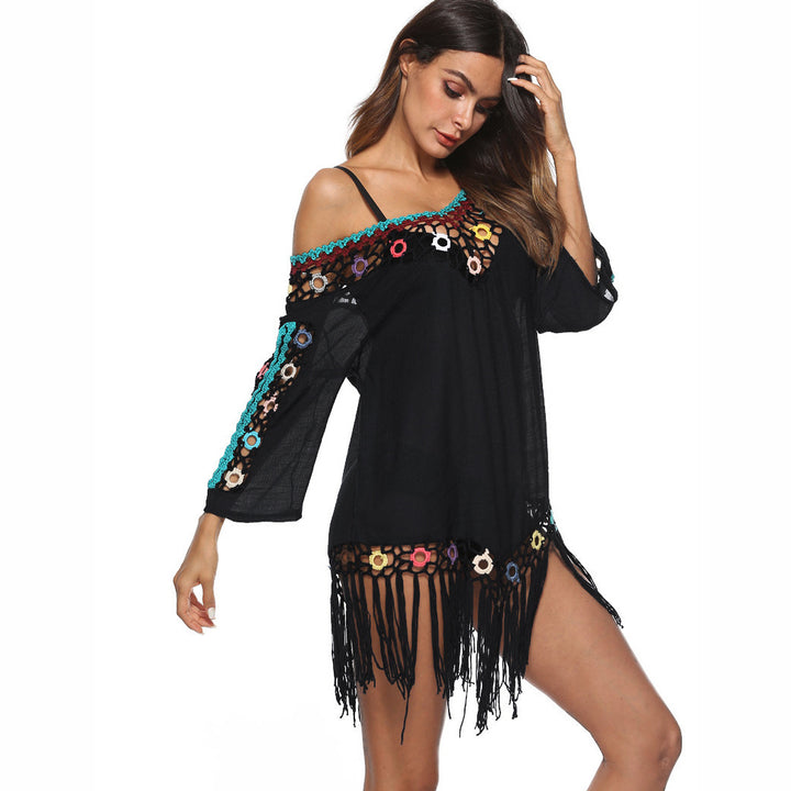 Damen Elegante Häkel-Strandtunika mit fransigen Details und bunten Applikationen Drune