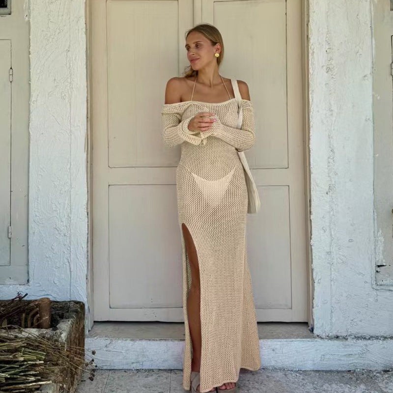 Damen luftiges Häkel-Maxikleid mit schulterfreier Optik und hohem Schlitz Drune