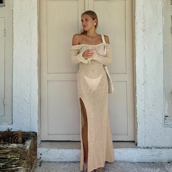 Damen luftiges Häkel-Maxikleid mit schulterfreier Optik und hohem Schlitz Drune