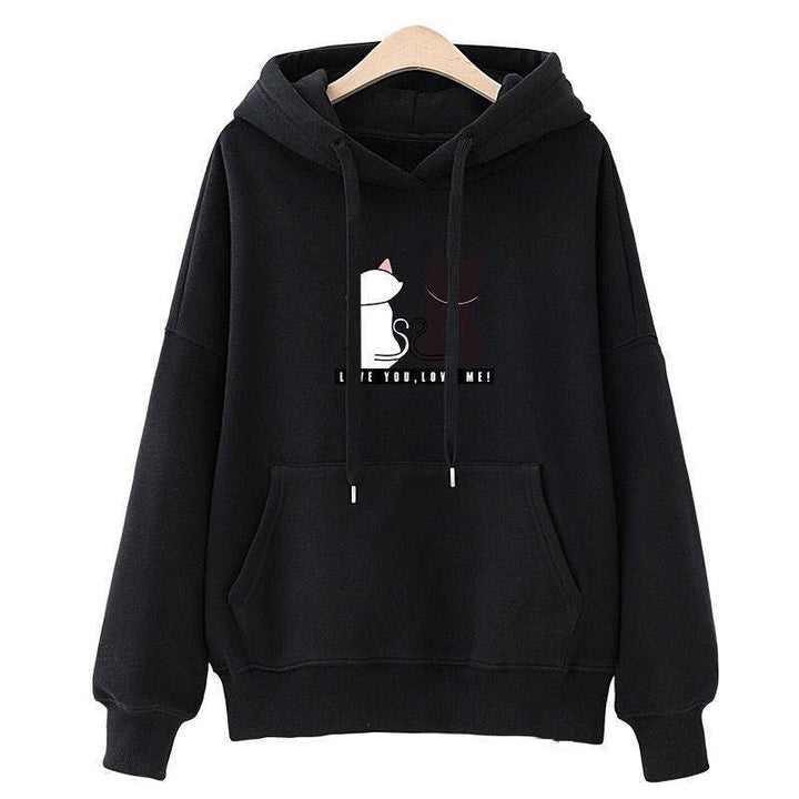 Damen Kapuzenpullover mit Katzen-Print, lockerem Schnitt und Kängurutasche Drune